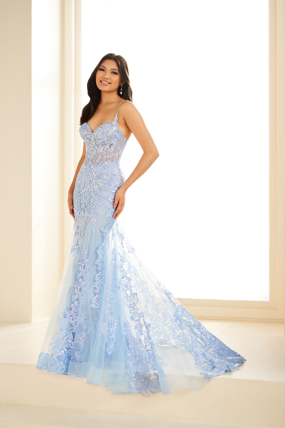 Ellie Wilde EW36069 mermaid prom dress images.  Ellie Wilde EW36069 is available in these colors: Emerald, Electric Purple, Light Blue, Strawberry.