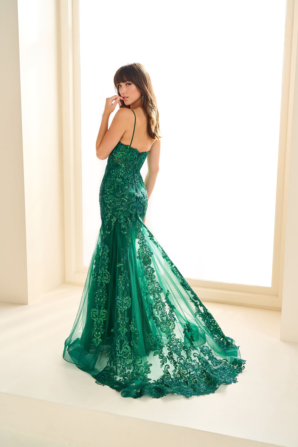 Ellie Wilde EW36069 mermaid prom dress images.  Ellie Wilde EW36069 is available in these colors: Emerald, Electric Purple, Light Blue, Strawberry.