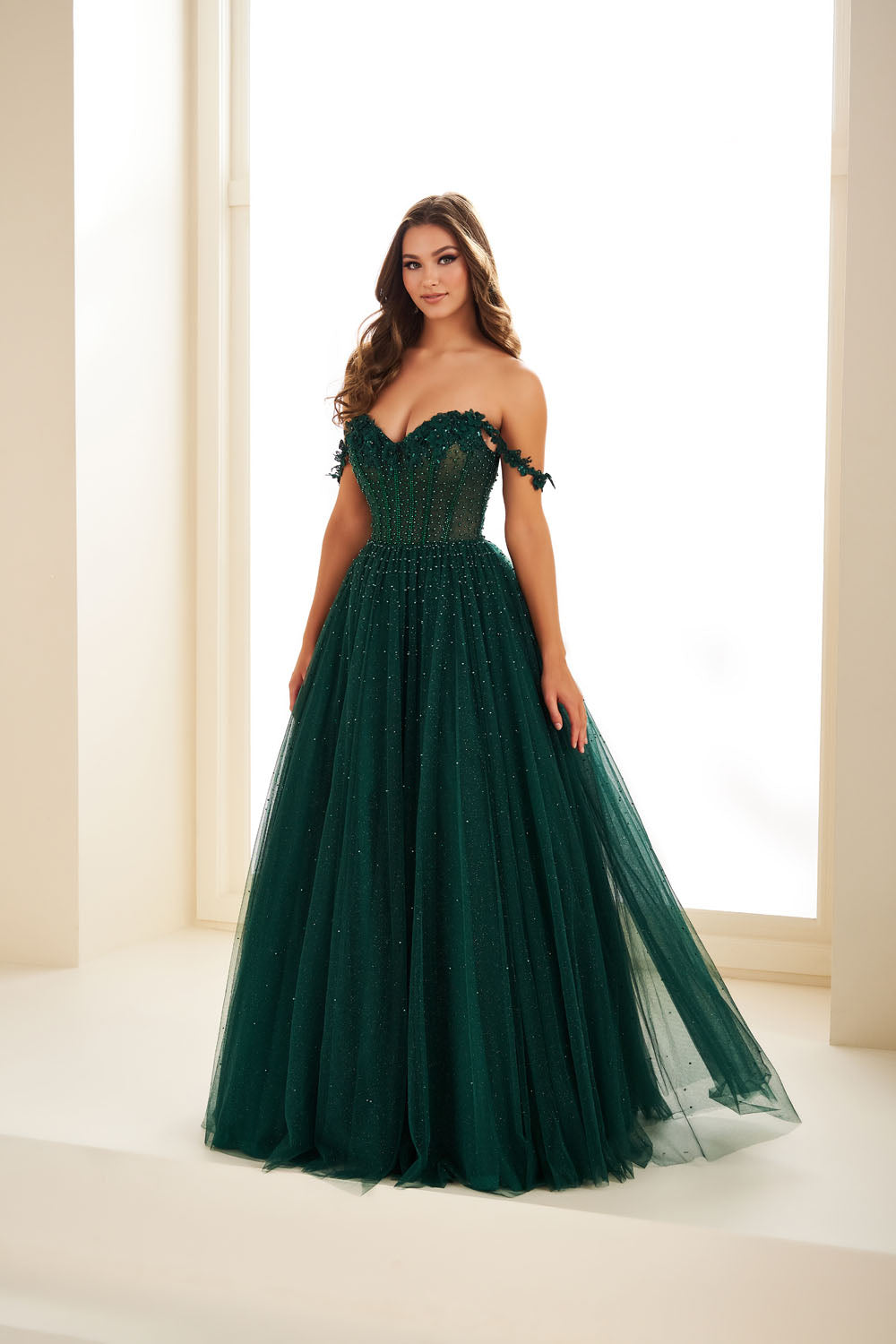 Ellie Wilde EW36071 ball gown prom dress images.  Ellie Wilde EW36071 is available in these colors: Royal Blue, Emerald, Dusty Rose Gold.