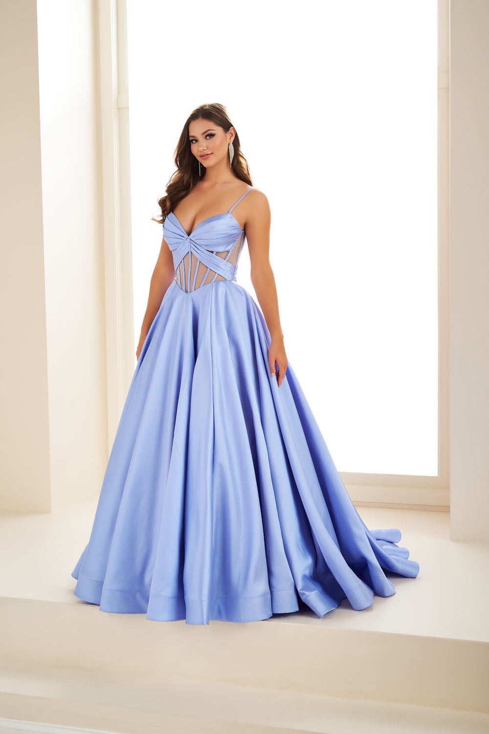 Ellie Wilde EW36073 ball gown prom dress images.  Ellie Wilde EW36073 is available in these colors: Royal Blue, Red, Black, Blue Hydrangea, Diamond White.