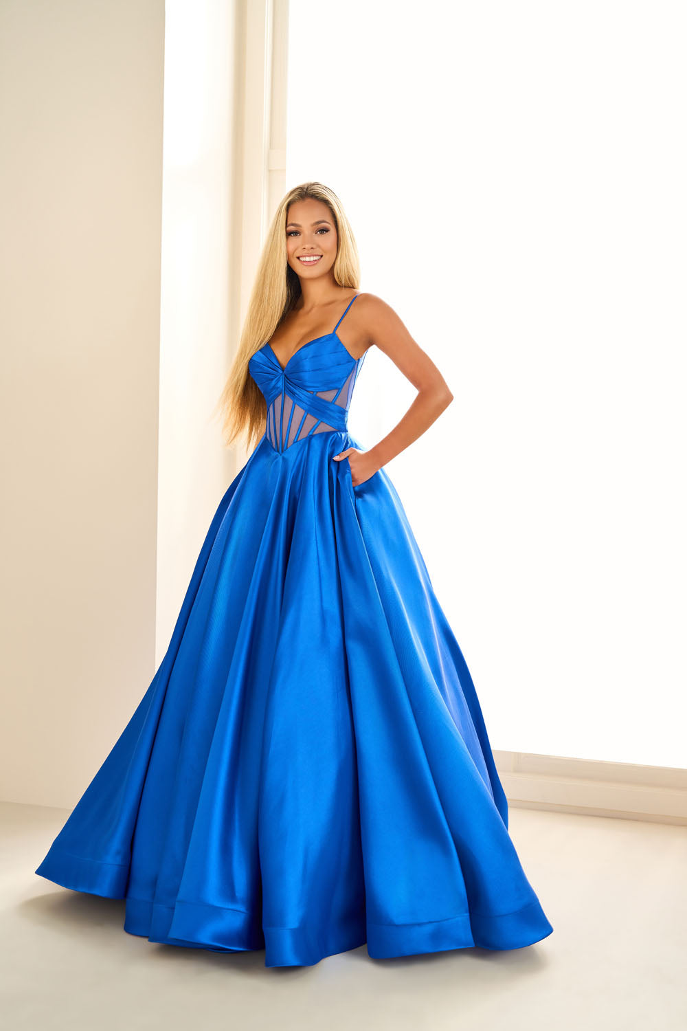 Ellie Wilde EW36073 ball gown prom dress images.  Ellie Wilde EW36073 is available in these colors: Royal Blue, Red, Black, Blue Hydrangea, Diamond White.