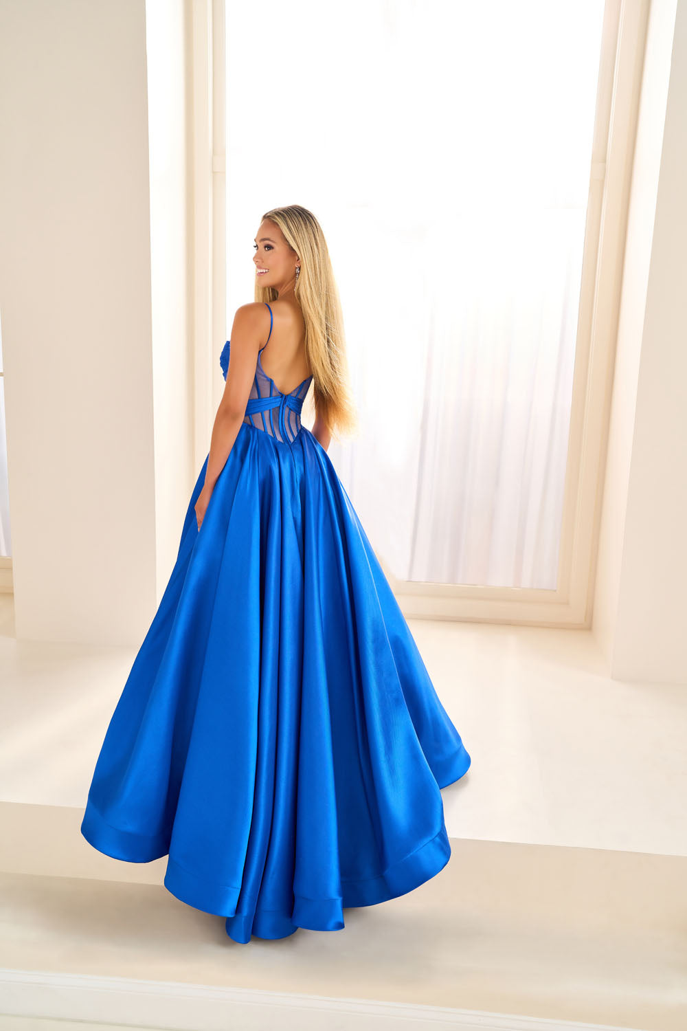 Ellie Wilde EW36073 ball gown prom dress images.  Ellie Wilde EW36073 is available in these colors: Royal Blue, Red, Black, Blue Hydrangea, Diamond White.