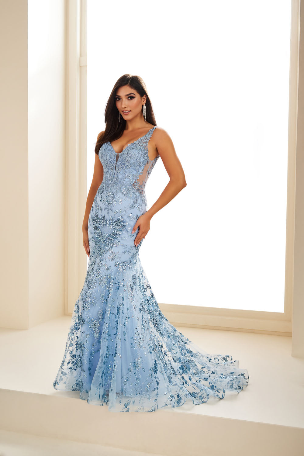 Ellie Wilde EW36074 mermaid prom dress images.  Ellie Wilde EW36074 is available in these colors: Royal Blue, Sage, Light Blue, Magenta, Navy Blue.