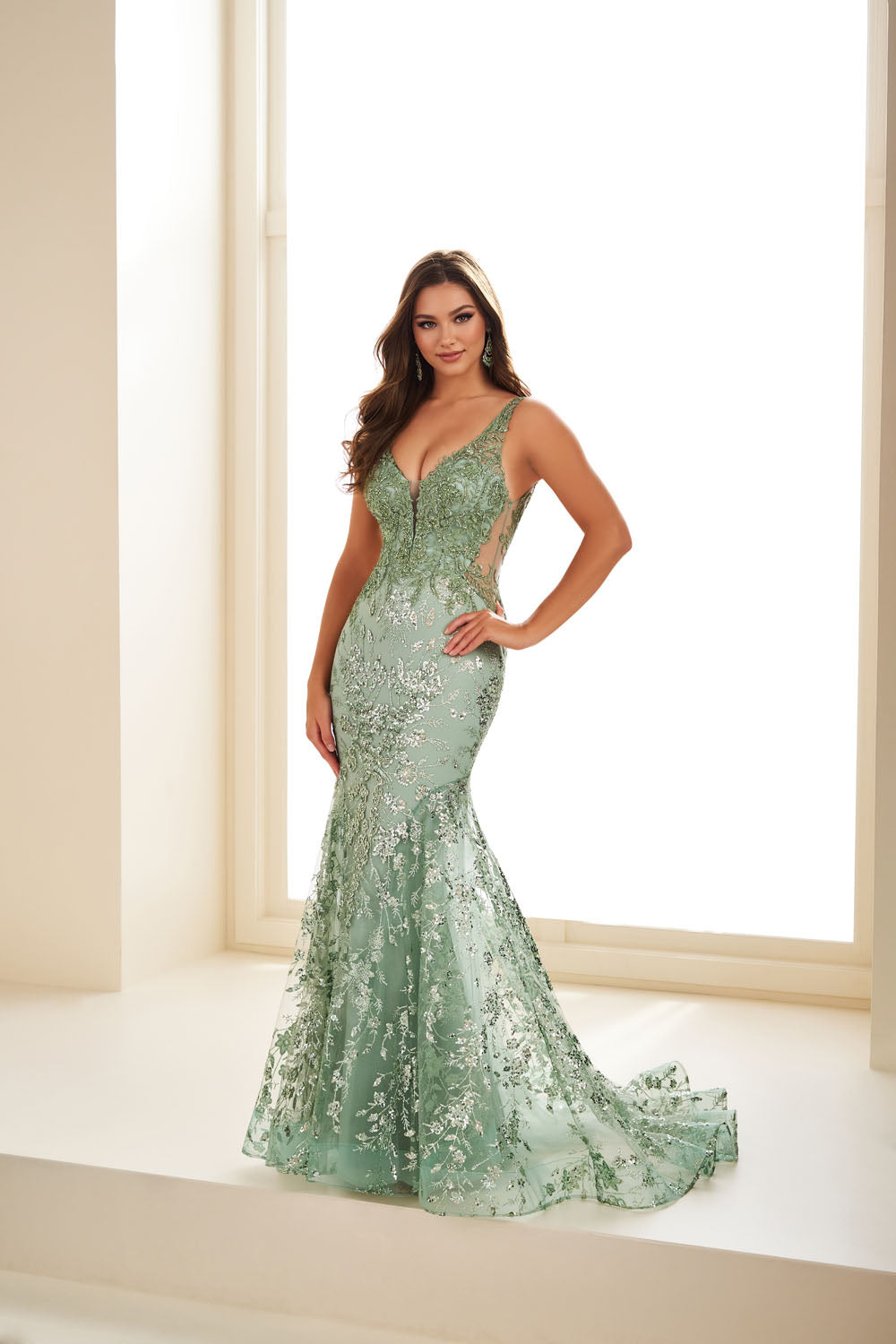 Ellie Wilde EW36074 mermaid prom dress images.  Ellie Wilde EW36074 is available in these colors: Royal Blue, Sage, Light Blue, Magenta, Navy Blue.