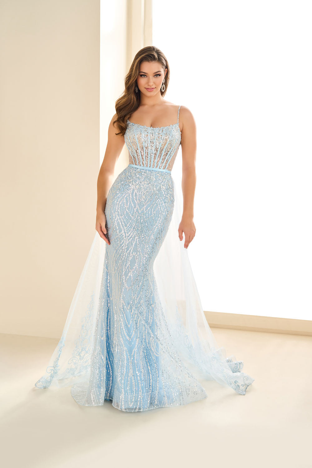 Ellie Wilde EW36075 mermaid prom dress images.  Ellie Wilde EW36075 is available in these colors: Ice Blue, Black, Gold, Ruby, Ivory.