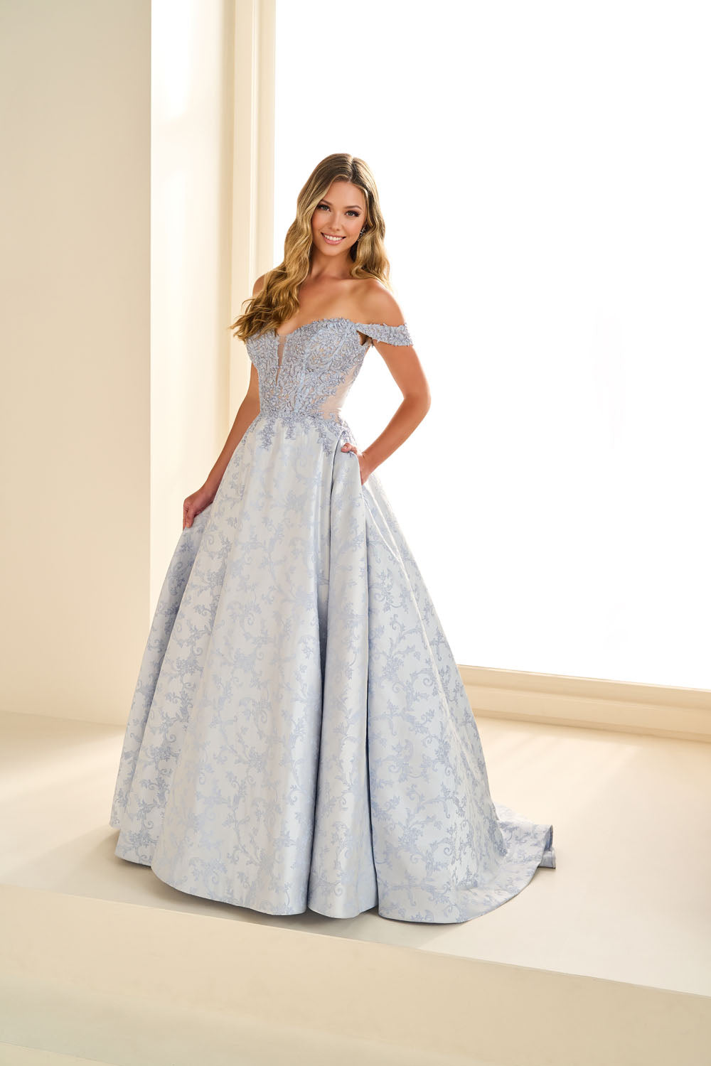 Ellie Wilde EW36078 ball gown prom dress images.  Ellie Wilde EW36078 is available in these colors: Blue Pearl, Ruby.