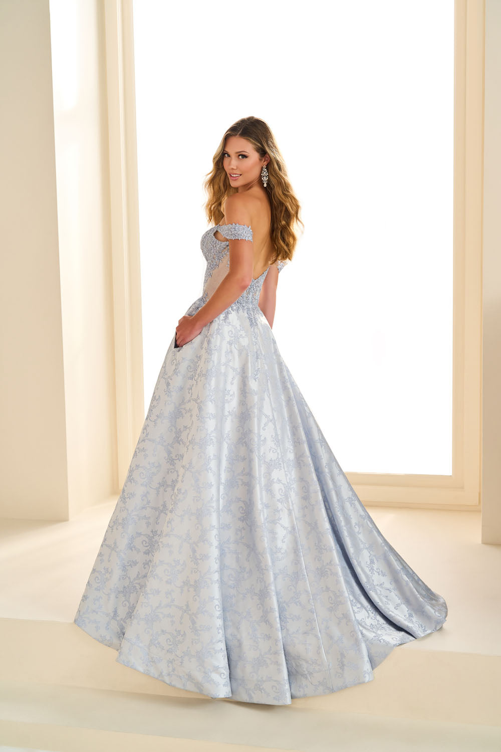 Ellie Wilde EW36078 ball gown prom dress images.  Ellie Wilde EW36078 is available in these colors: Blue Pearl, Ruby.