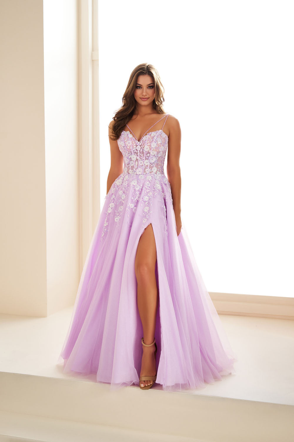 Ellie Wilde EW36079 a-line prom dress images.  Ellie Wilde EW36079 is available in these colors: Light Blue, Lilac, Light Peach.