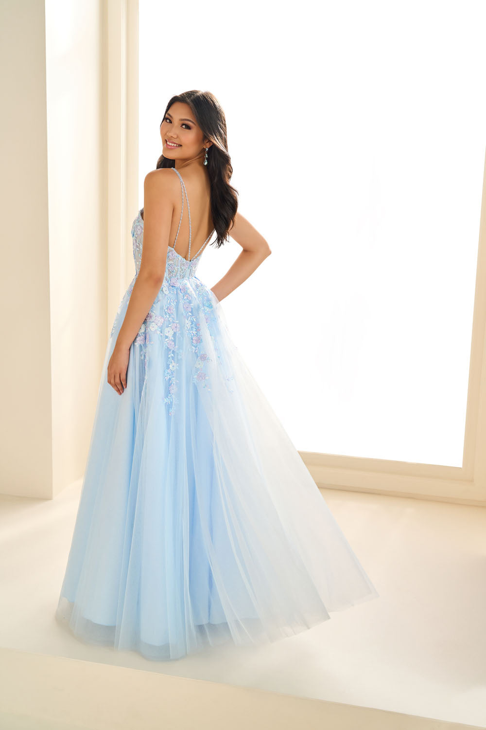 Ellie Wilde EW36079 a-line prom dress images.  Ellie Wilde EW36079 is available in these colors: Light Blue, Lilac, Light Peach.