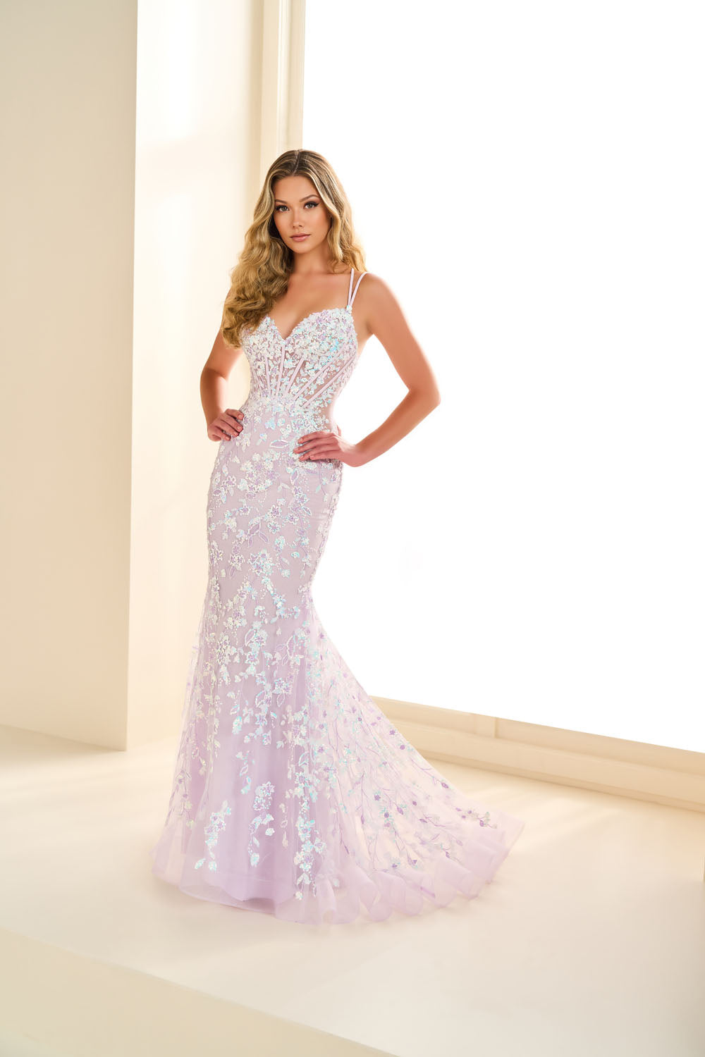 Ellie Wilde EW36080 mermaid prom dress images.  Ellie Wilde EW36080 is available in these colors: Lilac, Emerald.