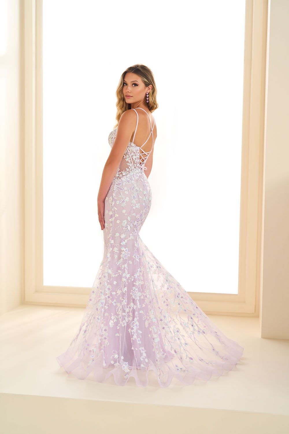 Ellie Wilde EW36080 mermaid prom dress images.  Ellie Wilde EW36080 is available in these colors: Lilac, Emerald.