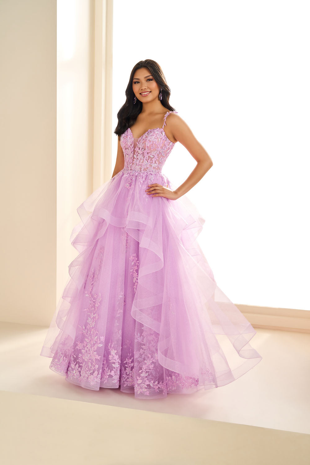 Ellie Wilde EW36081 a-line prom dress images.  Ellie Wilde EW36081 is available in these colors: Lilac, Honeysuckle, Emerald.