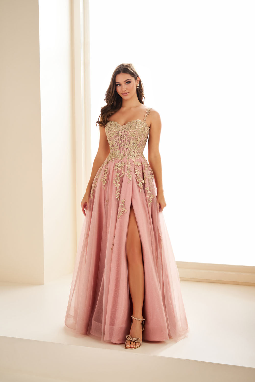 Ellie Wilde EW36083 a-line prom dress images.  Ellie Wilde EW36083 is available in these colors: Dark Purple, Dusty Rose Gold, Navy Blue, Emerald.