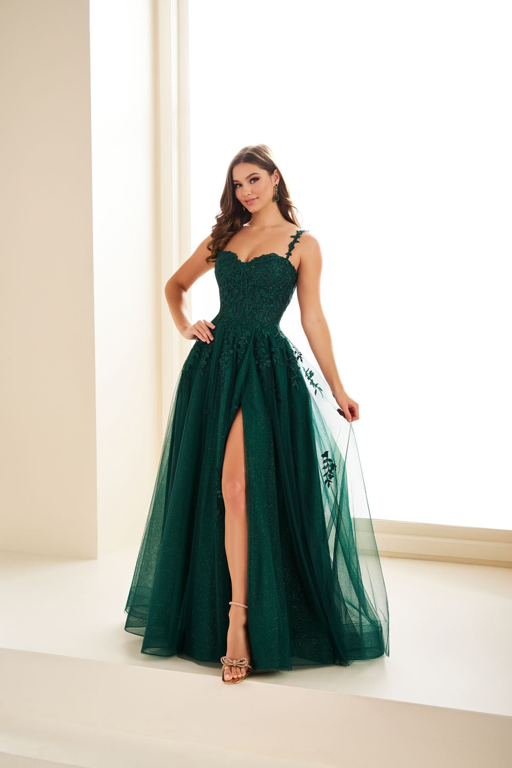 Ellie Wilde EW36083 a-line prom dress images.  Ellie Wilde EW36083 is available in these colors: Dark Purple, Dusty Rose Gold, Navy Blue, Emerald.