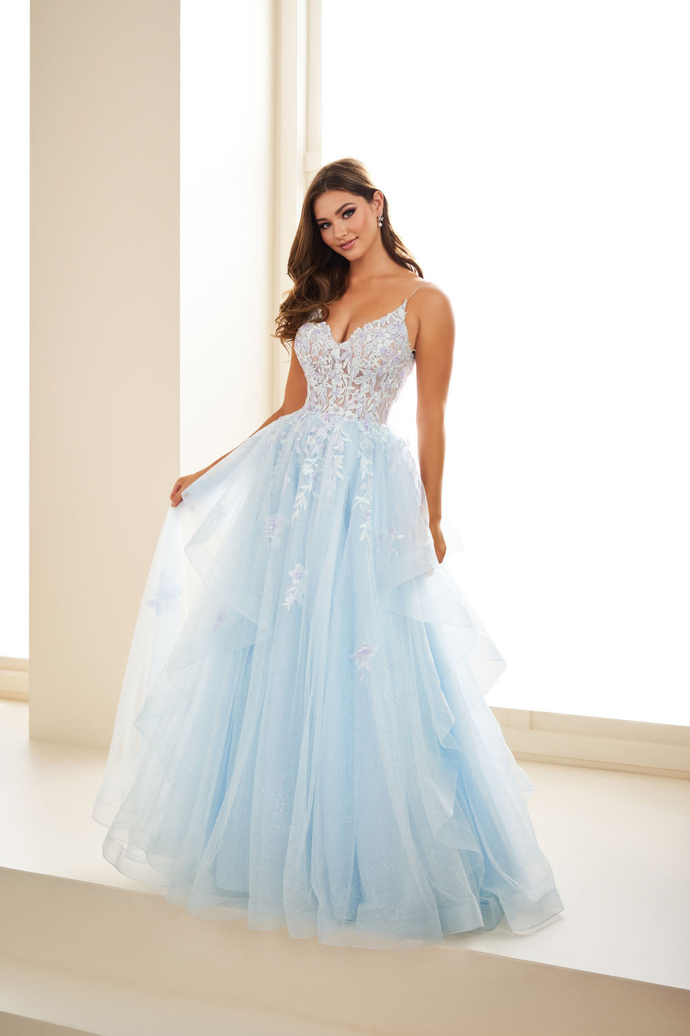 Ellie Wilde EW36085 a-line prom dress images.  Ellie Wilde EW36085 is available in these colors: Bluebell, Ice Blue, Wine, Indigo, Emerald.