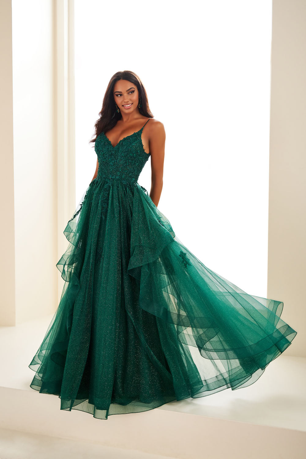 Ellie Wilde EW36085 a-line prom dress images.  Ellie Wilde EW36085 is available in these colors: Bluebell, Ice Blue, Wine, Indigo, Emerald.