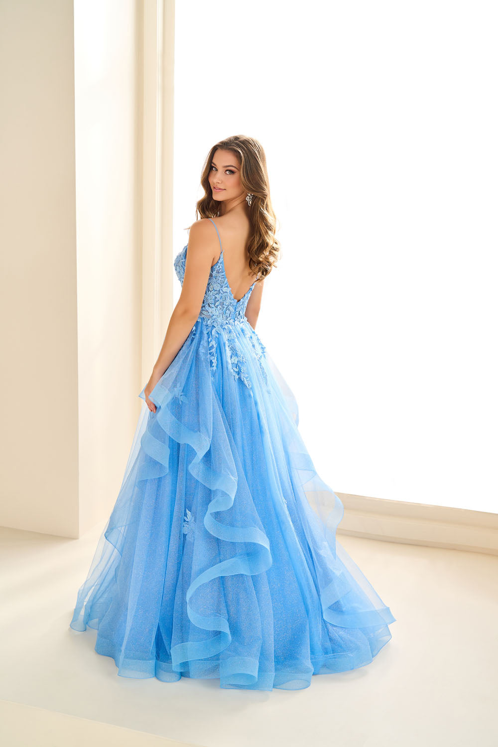 Ellie Wilde EW36085 a-line prom dress images.  Ellie Wilde EW36085 is available in these colors: Bluebell, Ice Blue, Wine, Indigo, Emerald.