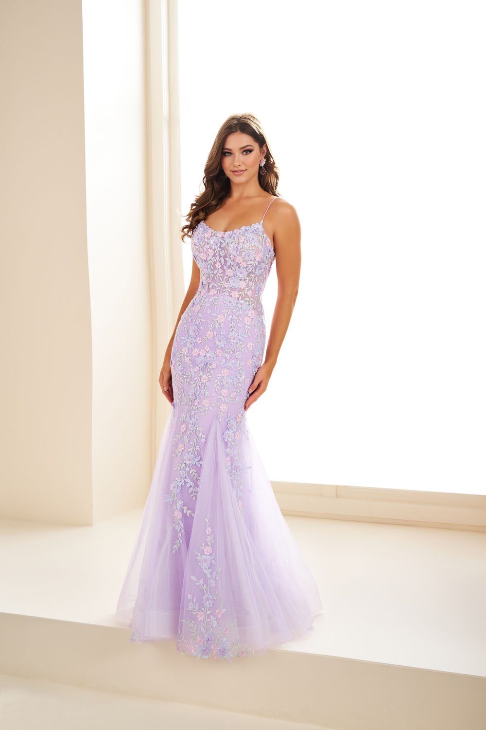 Ellie Wilde EW36090 trumpet prom dress images.  Ellie Wilde EW36090 is available in these colors: Light Blue Multi, Lilac Multi, Dk Sage  Multi.