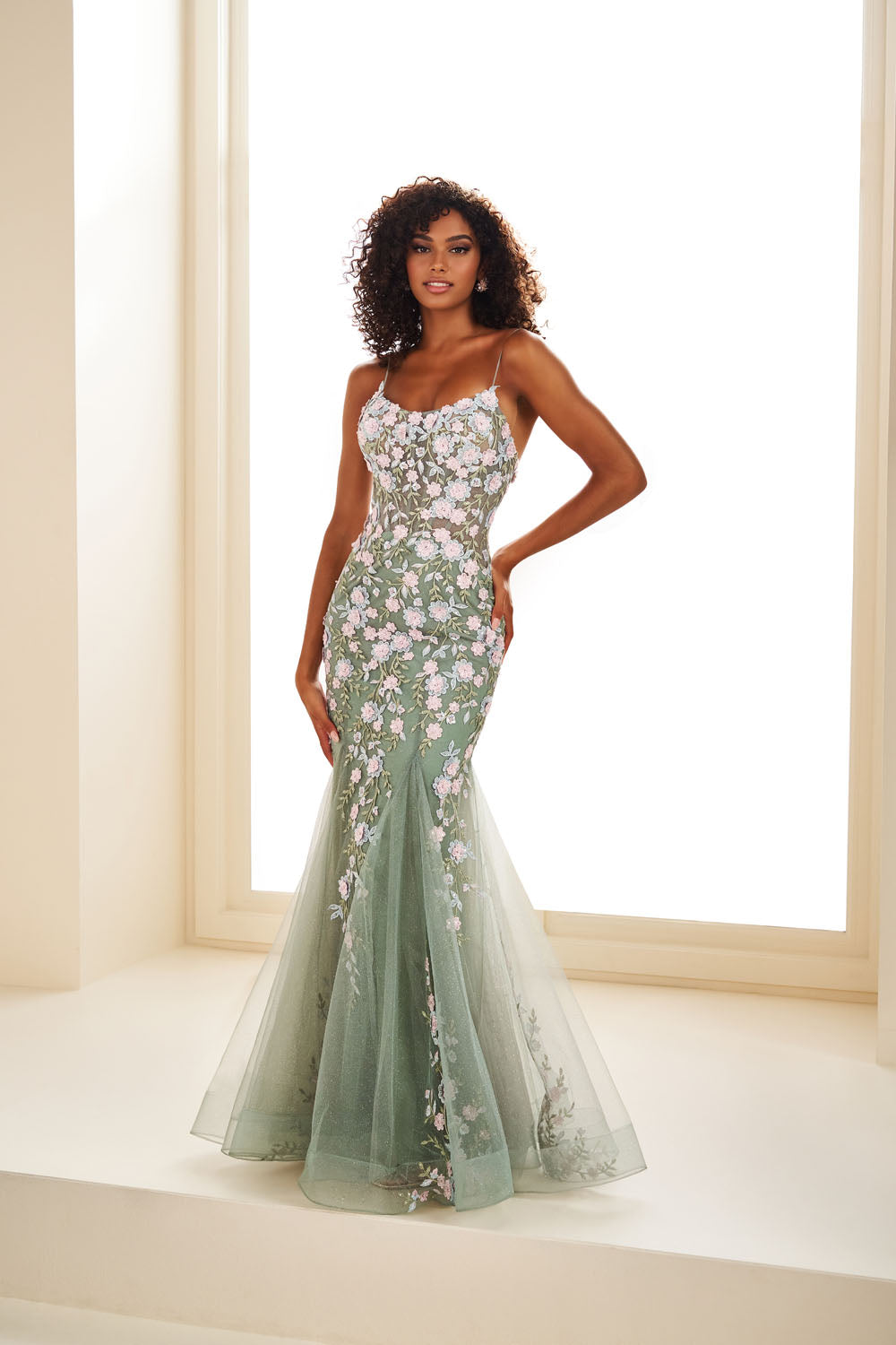 Ellie Wilde EW36090 trumpet prom dress images.  Ellie Wilde EW36090 is available in these colors: Light Blue Multi, Lilac Multi, Dk Sage  Multi.