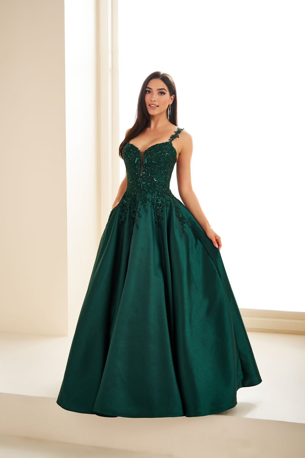 Ellie Wilde EW36094 ball gown prom dress images.  Ellie Wilde EW36094 is available in these colors: Teal, Navy Blue, Emerald.