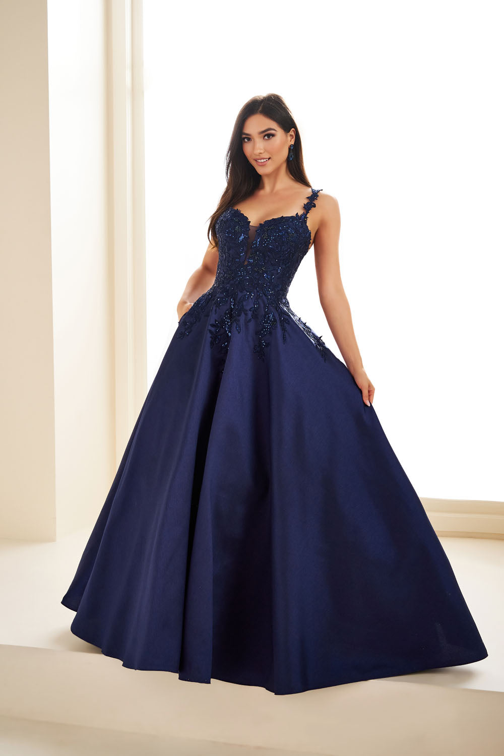 Ellie Wilde EW36094 ball gown prom dress images.  Ellie Wilde EW36094 is available in these colors: Teal, Navy Blue, Emerald.