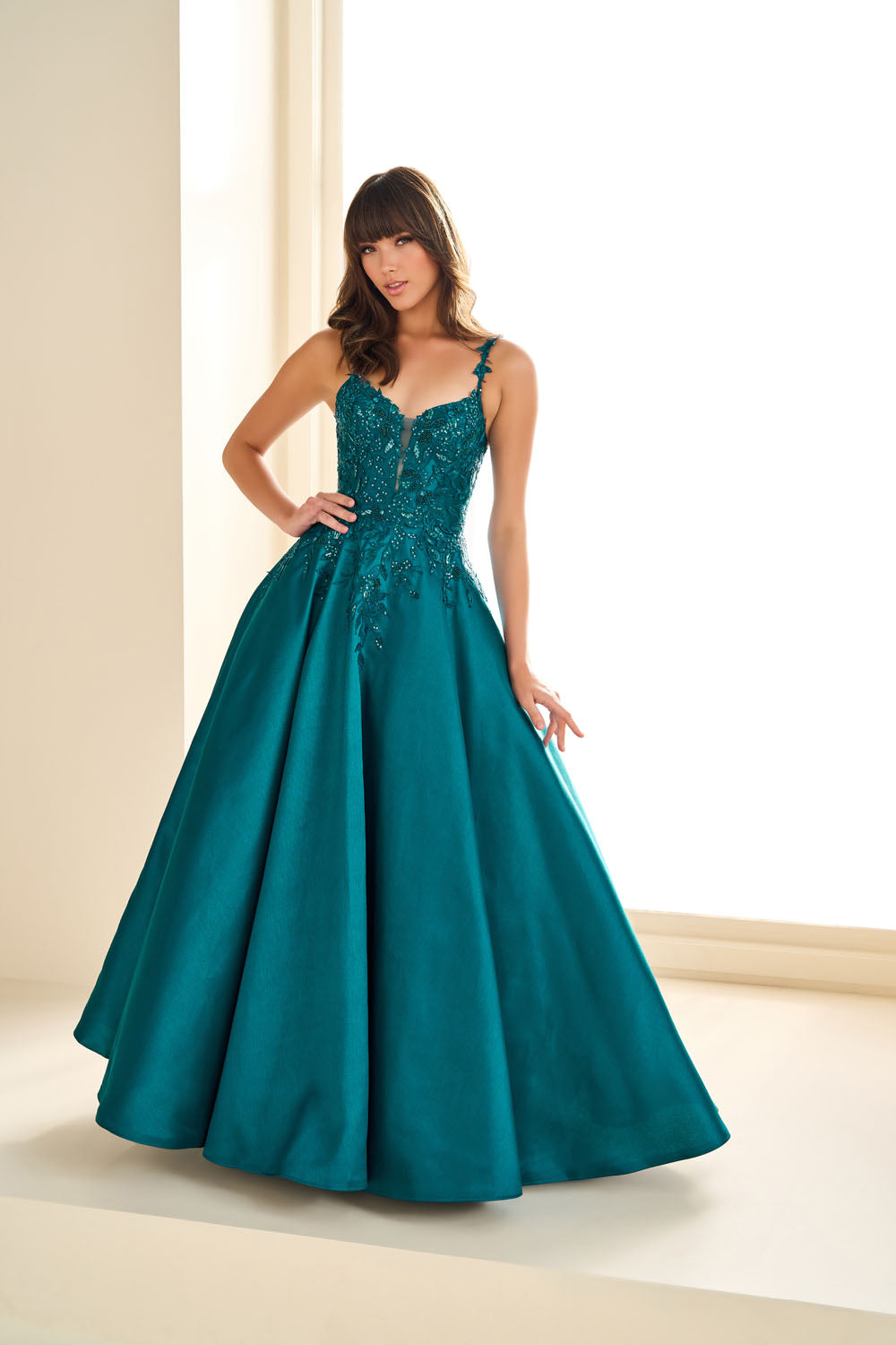 Ellie Wilde EW36094 ball gown prom dress images.  Ellie Wilde EW36094 is available in these colors: Teal, Navy Blue, Emerald.