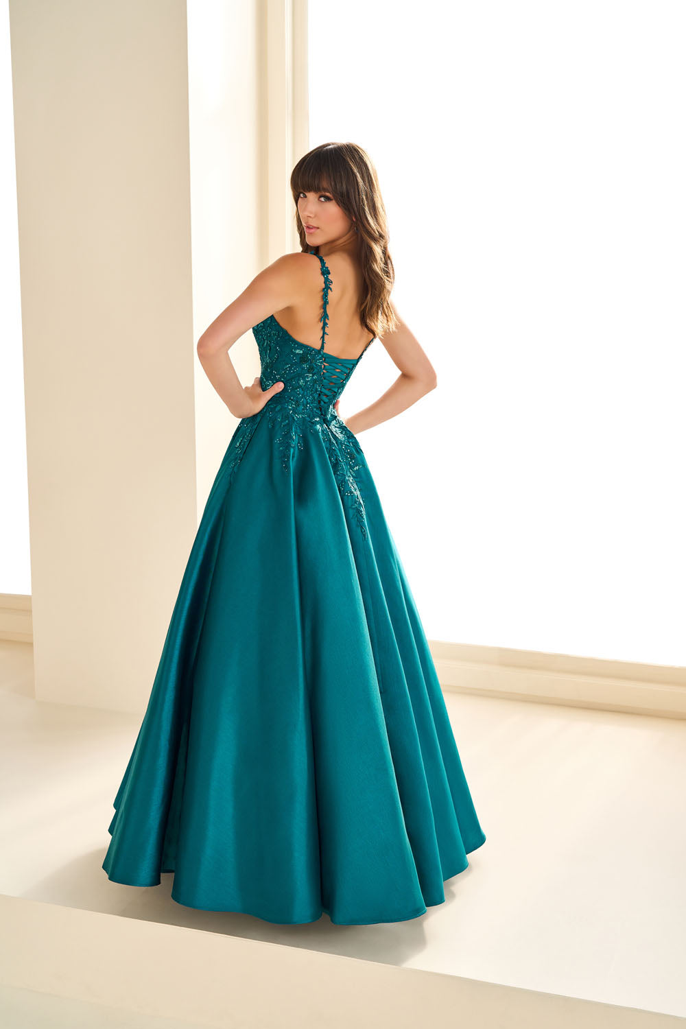 Ellie Wilde EW36094 ball gown prom dress images.  Ellie Wilde EW36094 is available in these colors: Teal, Navy Blue, Emerald.