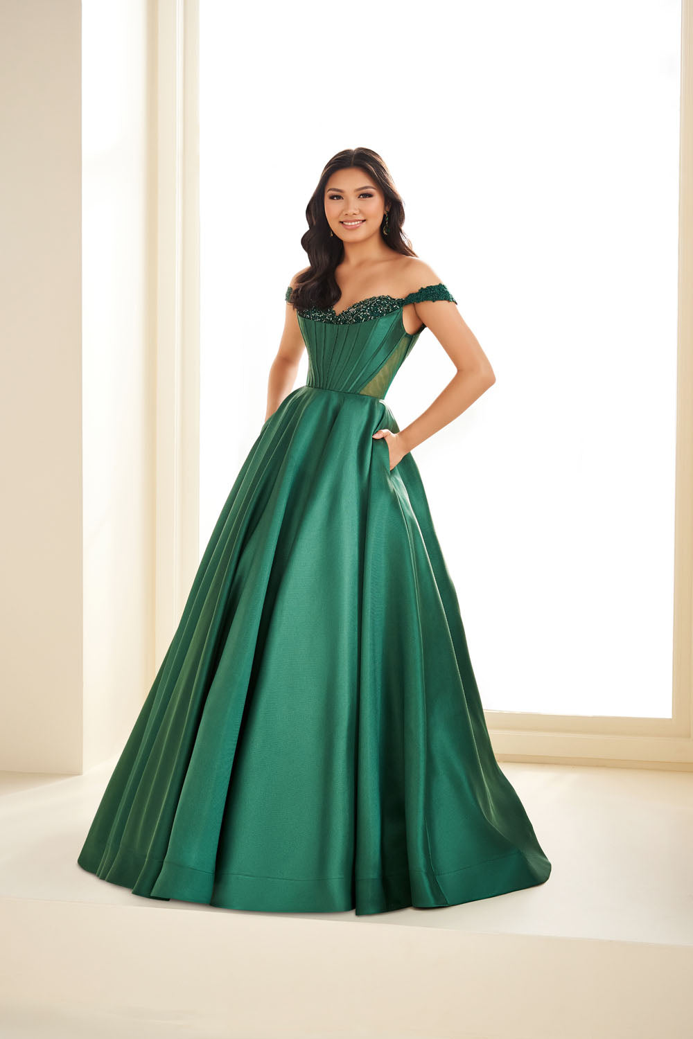 Ellie Wilde EW36100 ball gown prom dress images.  Ellie Wilde EW36100 is available in these colors: Emerald, Black, Diamond White.