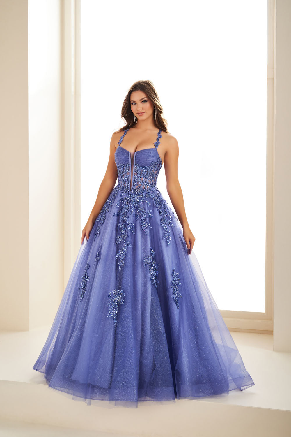 Ellie Wilde EW36202 ball gown prom dress images.  Ellie Wilde EW36202 is available in these colors: Black, Barbie Pink, Dark Periwinkle, Lilac.