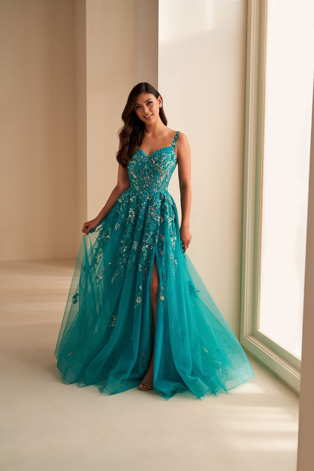 Ellie Wilde EW36204 a-line prom dress images.  Ellie Wilde EW36204 is available in these colors: Sapphire, Emerald, Jade.