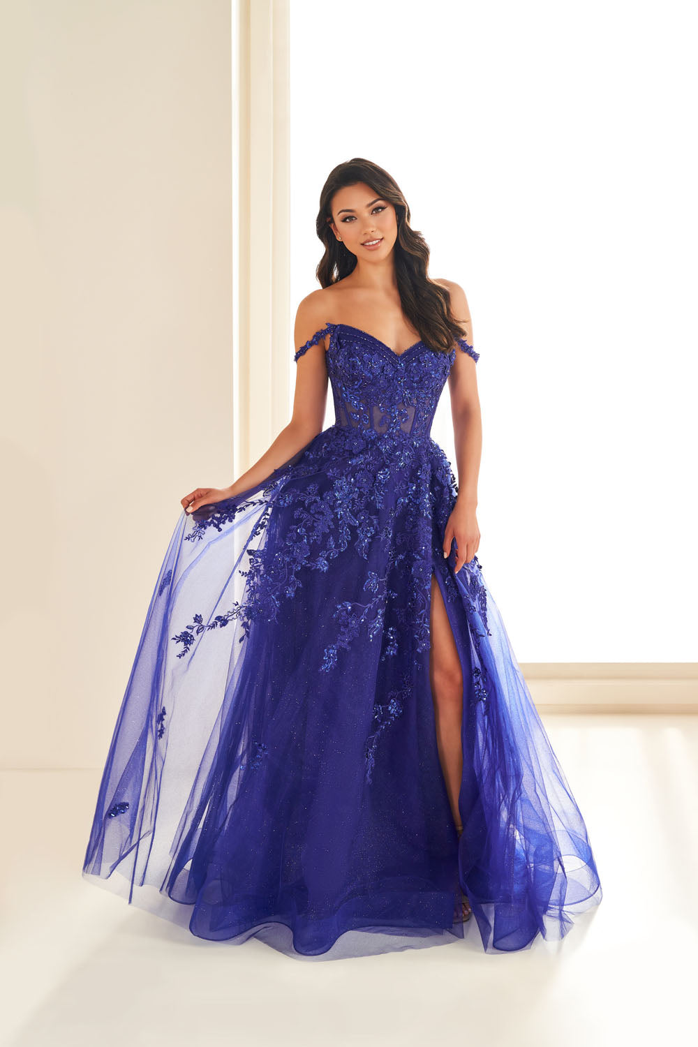 Ellie Wilde EW36204 a-line prom dress images.  Ellie Wilde EW36204 is available in these colors: Sapphire, Emerald, Jade.