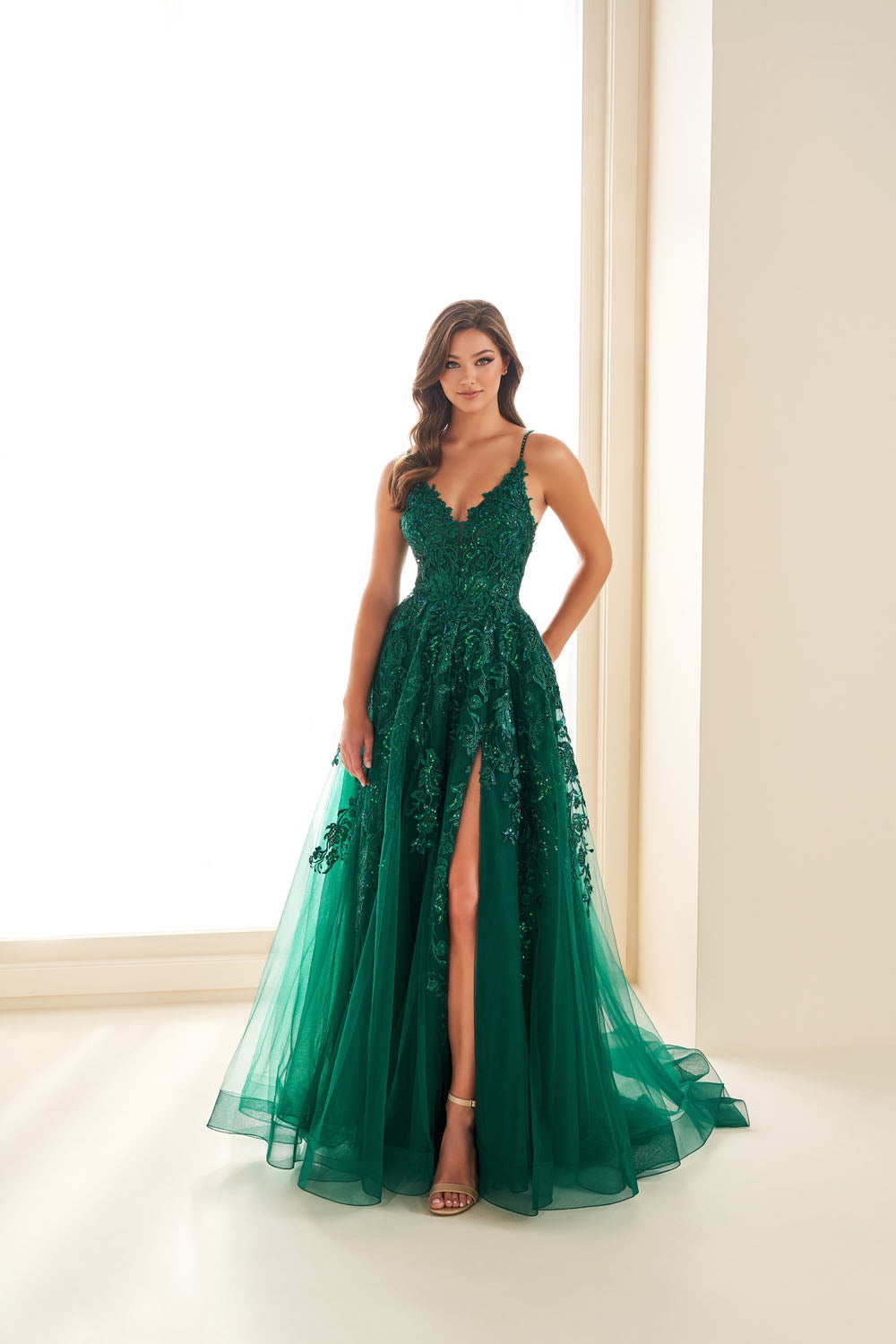 Ellie Wilde EW36206 a-line prom dress images.  Ellie Wilde EW36206 is available in these colors: Emerald, Bluebell.