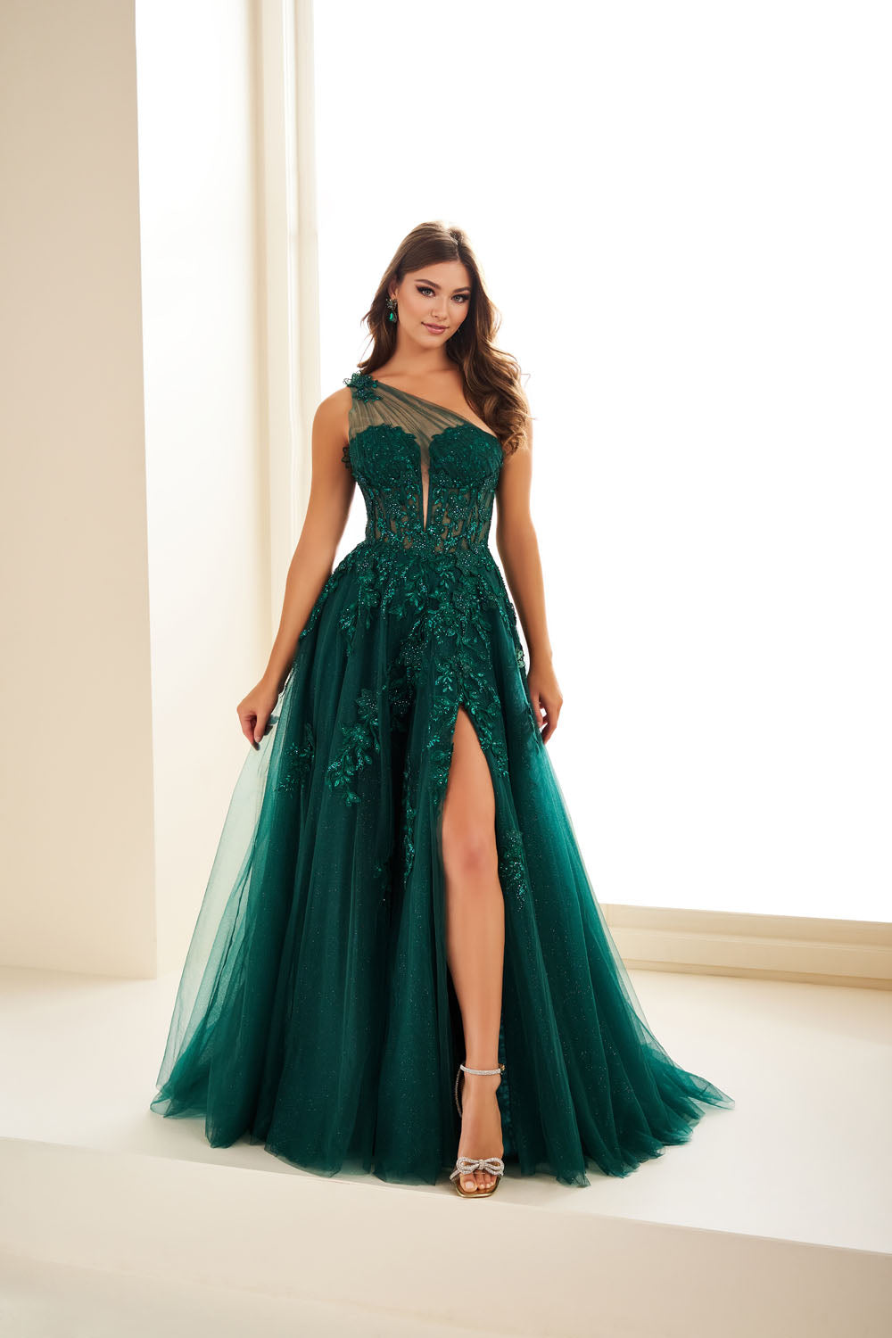 Ellie Wilde EW36207 a-line prom dress images.  Ellie Wilde EW36207 is available in these colors: Violet, Emerald, Light Blue.