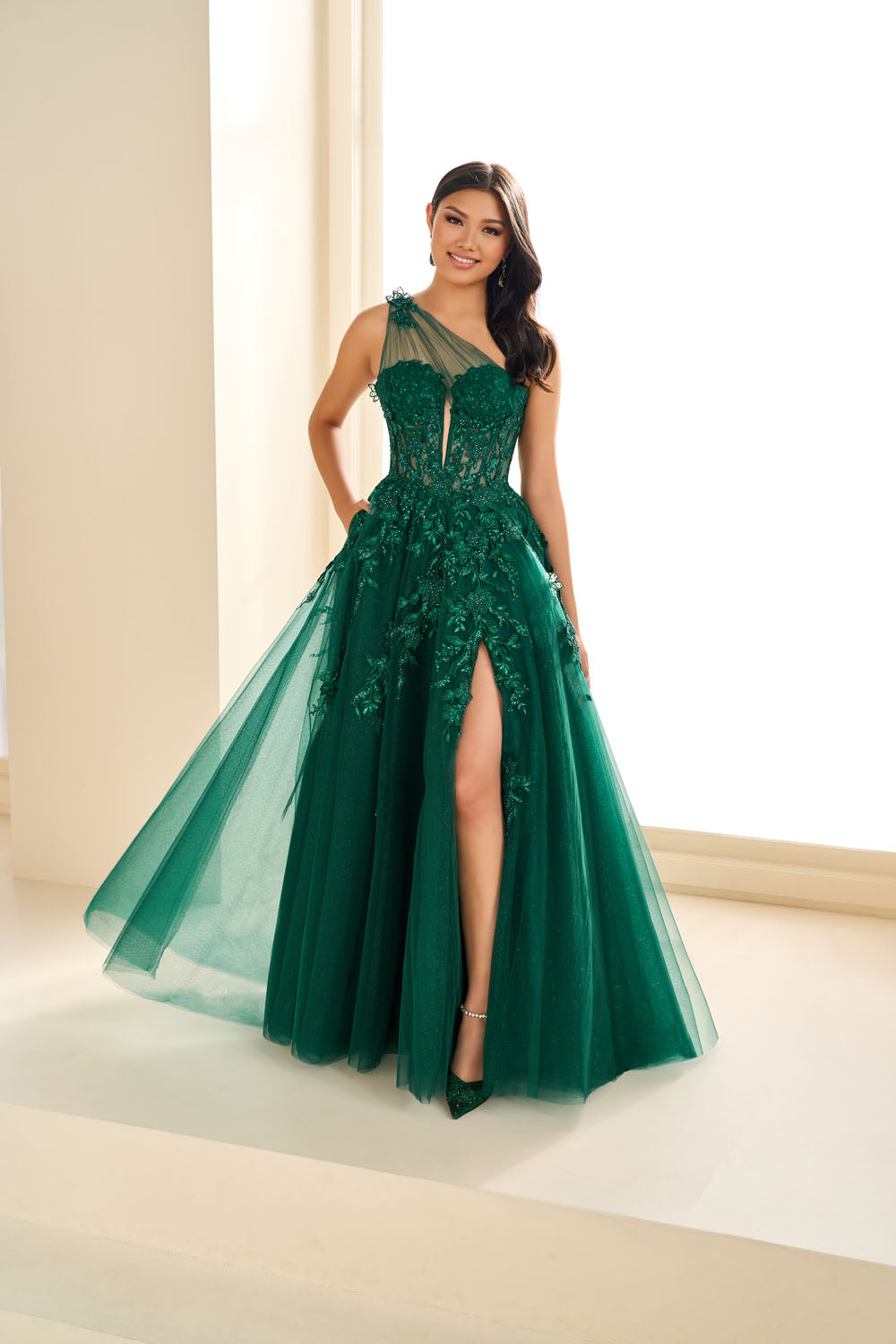 Ellie Wilde EW36207 a-line prom dress images.  Ellie Wilde EW36207 is available in these colors: Violet, Emerald, Light Blue.