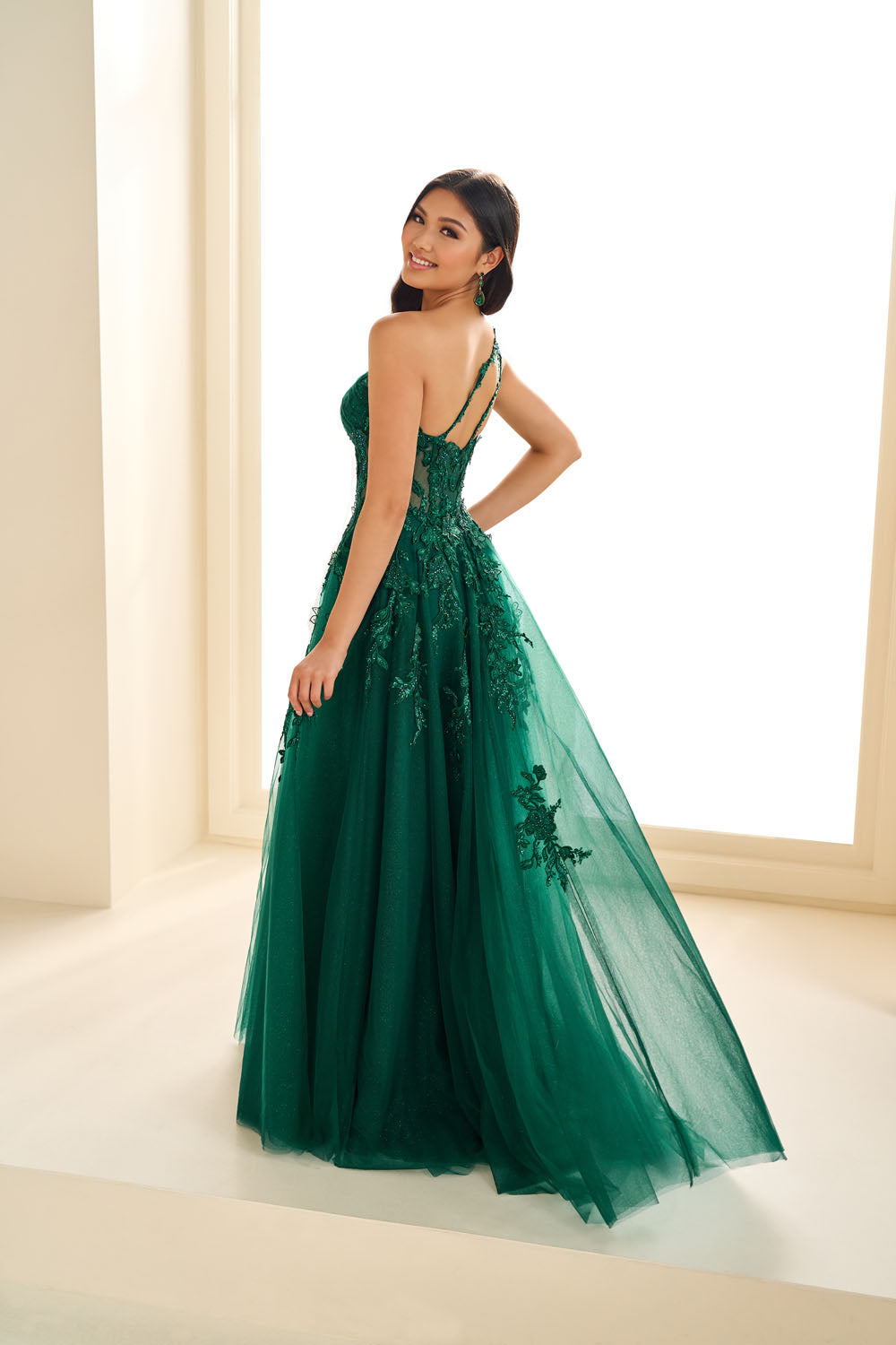 Ellie Wilde EW36207 a-line prom dress images.  Ellie Wilde EW36207 is available in these colors: Violet, Emerald, Light Blue.