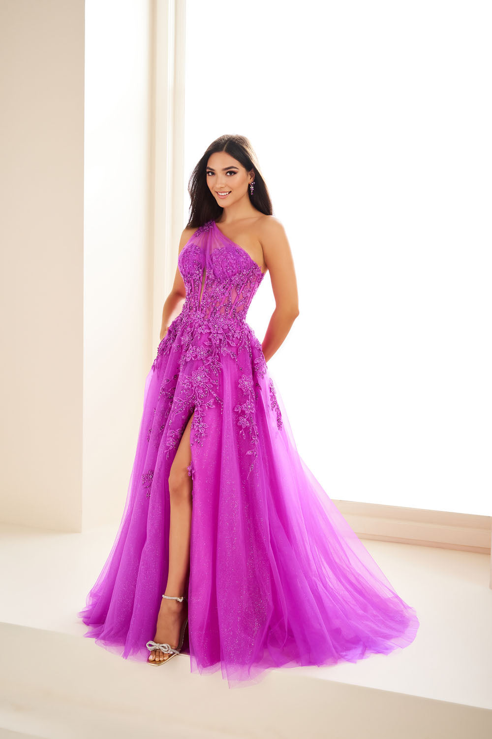 Ellie Wilde EW36207 a-line prom dress images.  Ellie Wilde EW36207 is available in these colors: Violet, Emerald, Light Blue.