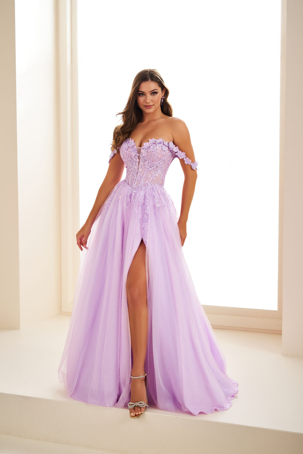 Ellie Wilde EW36214 a-line prom dress images.  Ellie Wilde EW36214 is available in these colors: Cotton Candy, Atlantis Blue, Lilac.