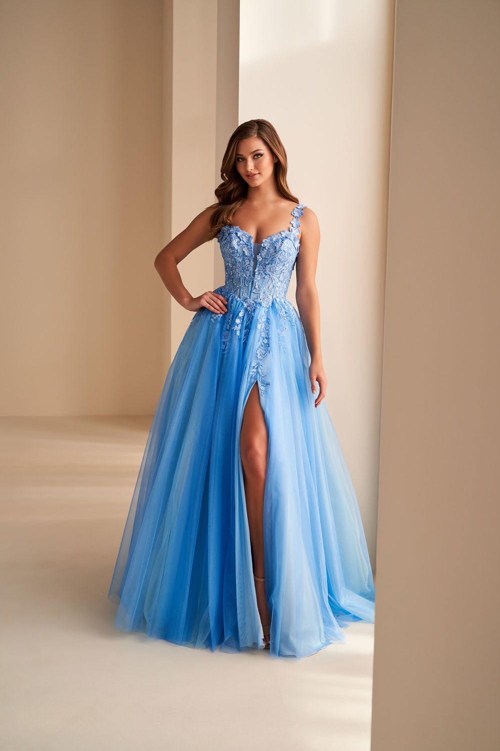 Ellie Wilde EW36214 a-line prom dress images.  Ellie Wilde EW36214 is available in these colors: Cotton Candy, Atlantis Blue, Lilac.