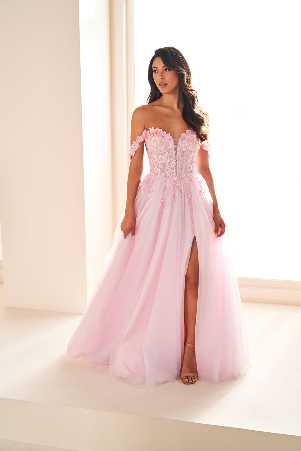 Ellie Wilde EW36214 a-line prom dress images.  Ellie Wilde EW36214 is available in these colors: Cotton Candy, Atlantis Blue, Lilac.