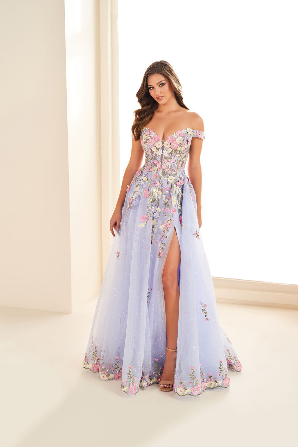 Ellie Wilde EW36215 a-line prom dress images.  Ellie Wilde EW36215 is available in these colors: Periwinkle Multi, Dark Purple Multi.