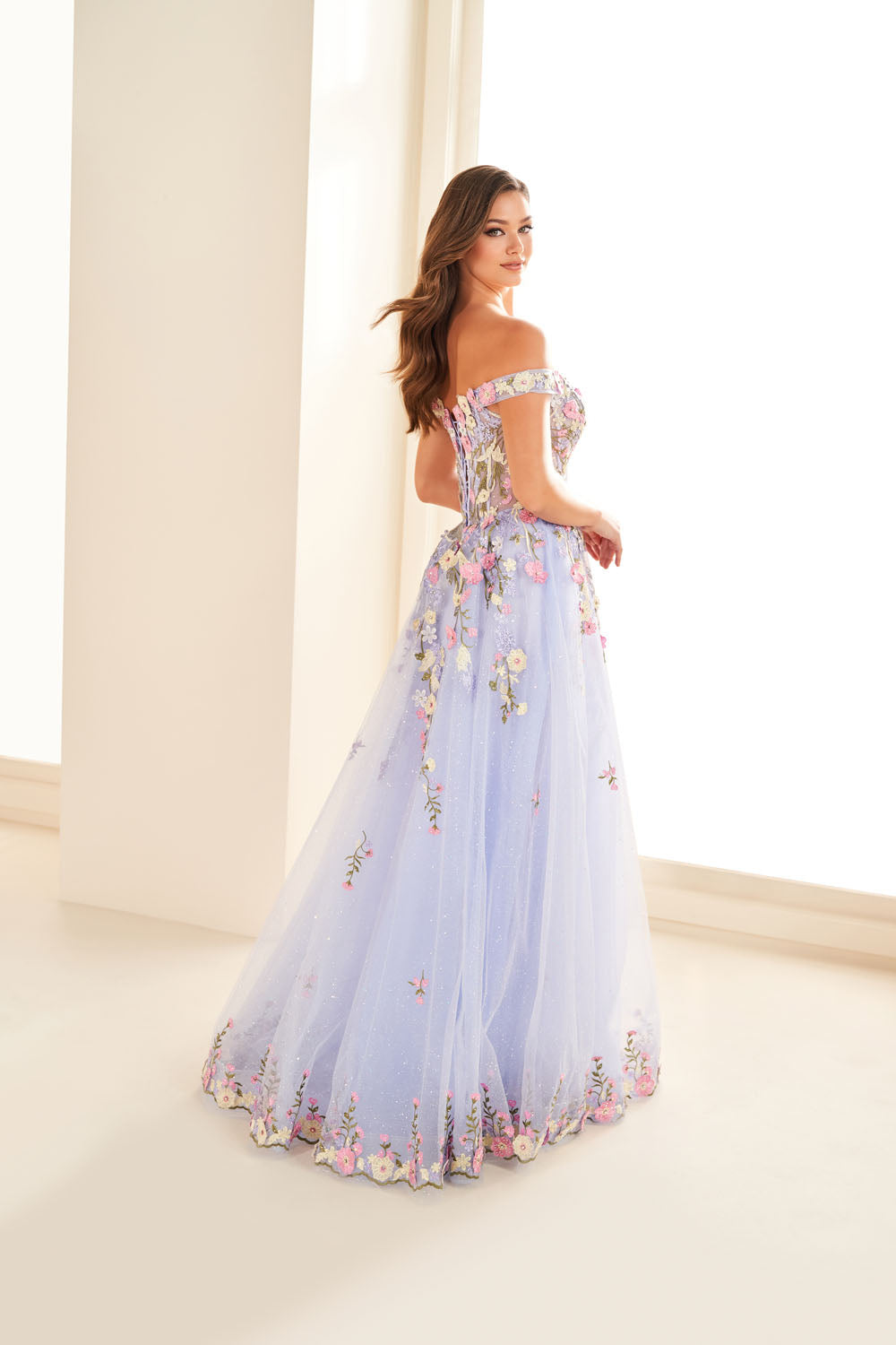 Ellie Wilde EW36215 a-line prom dress images.  Ellie Wilde EW36215 is available in these colors: Periwinkle Multi, Dark Purple Multi.