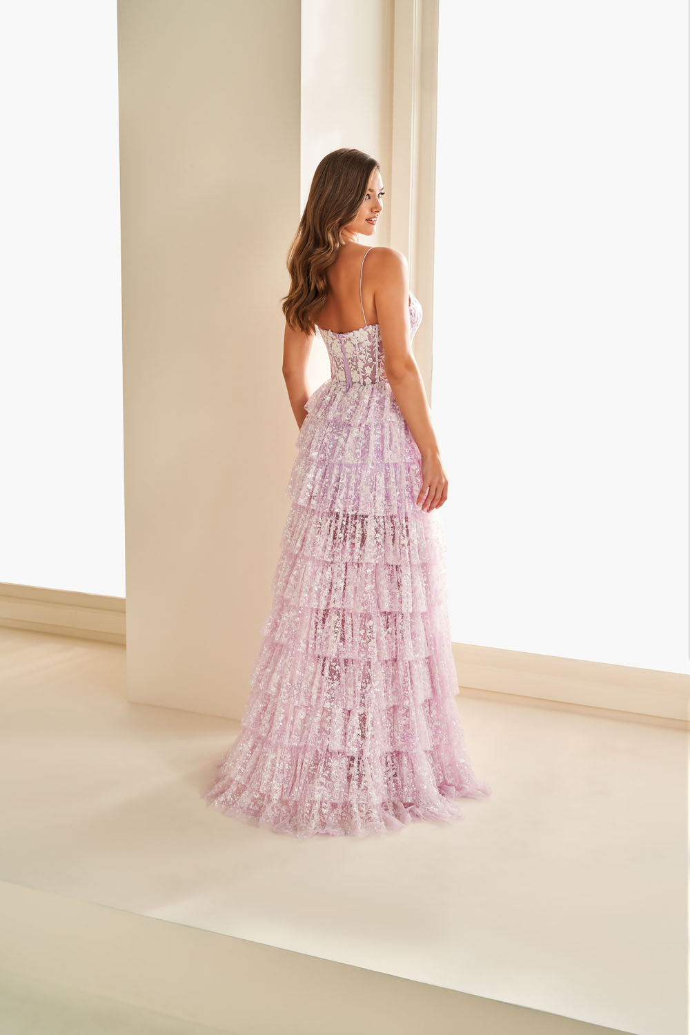 Ellie Wilde EW36216 a-line prom dress images.  Ellie Wilde EW36216 is available in these colors: Lilac Snow, Black.