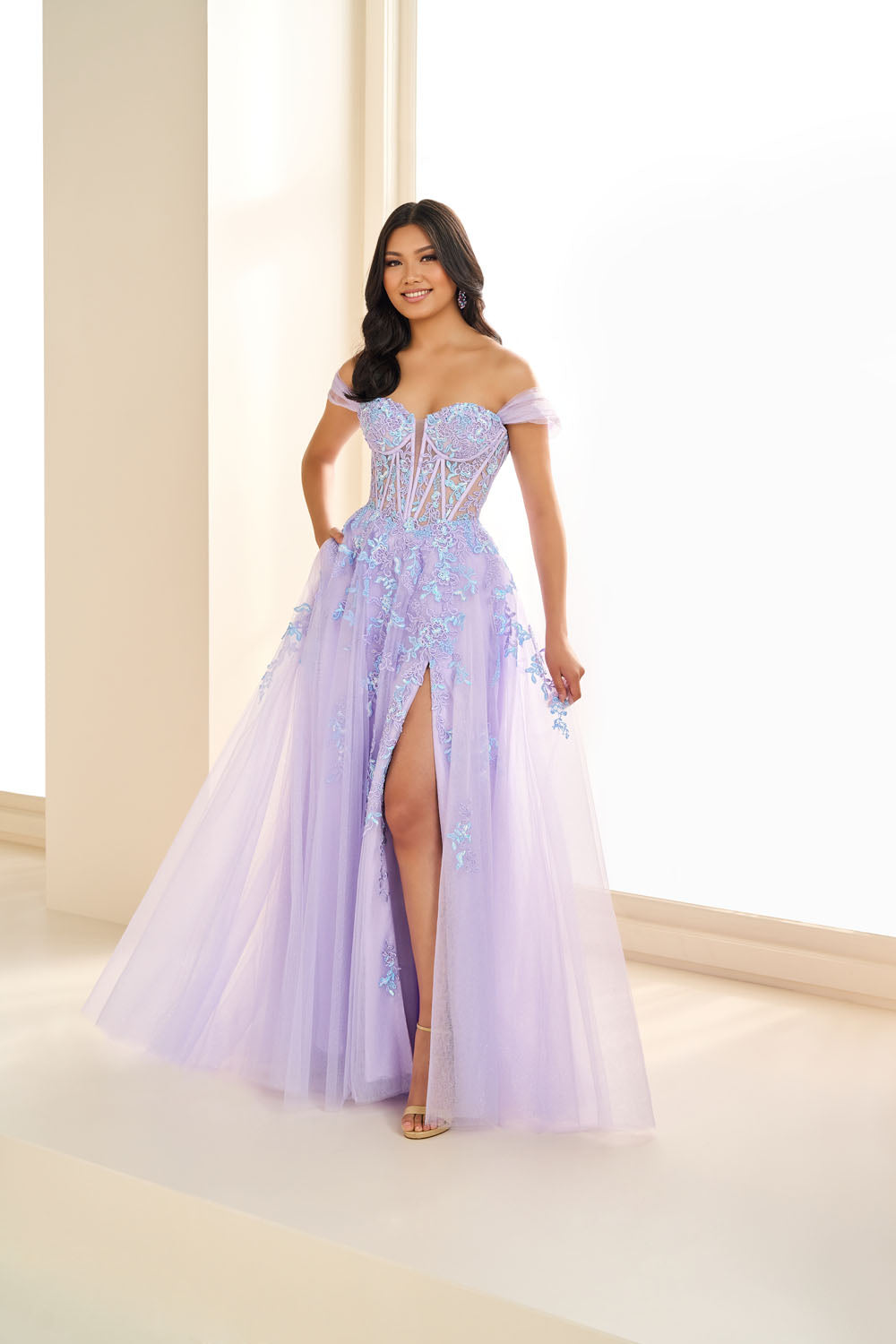 Ellie Wilde EW36217 ball gown prom dress images.  Ellie Wilde EW36217 is available in these colors: Lilac Light Blue.