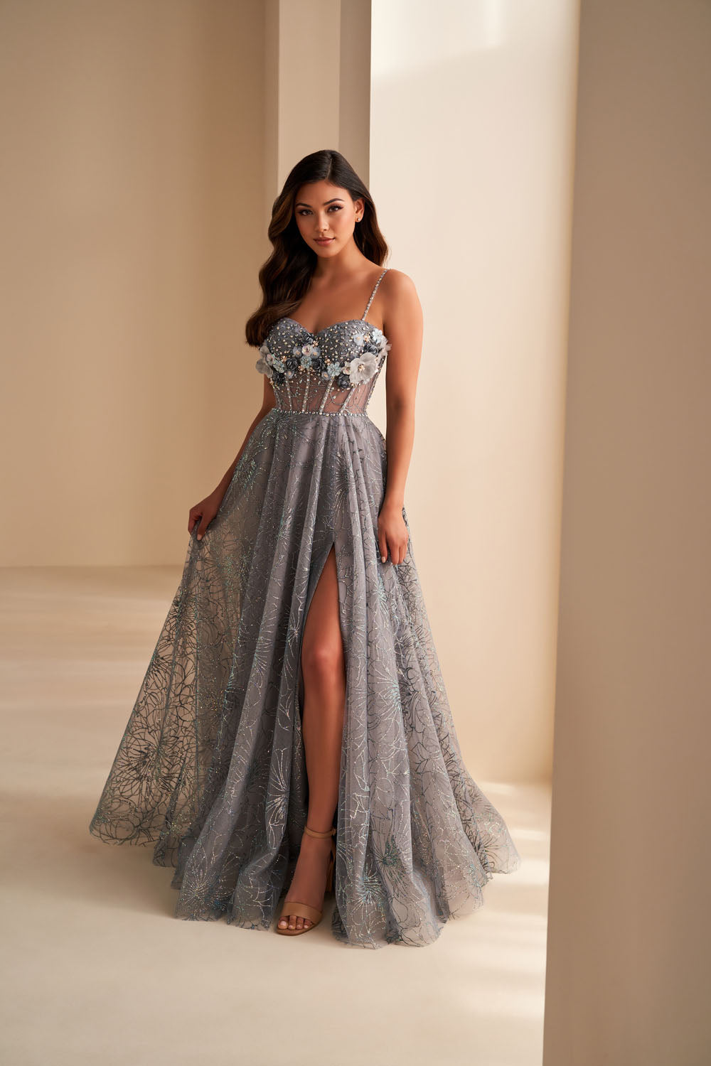 Ellie Wilde EW36218 a-line prom dress images.  Ellie Wilde EW36218 is available in these colors: Sage Multi, Lilac Multi, Slate Multi.