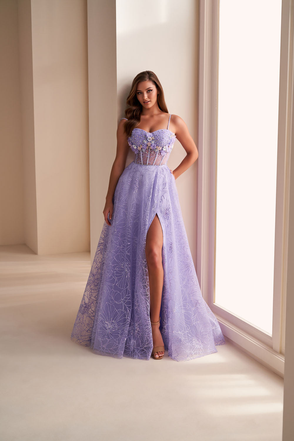 Ellie Wilde EW36218 a-line prom dress images.  Ellie Wilde EW36218 is available in these colors: Sage Multi, Lilac Multi, Slate Multi.