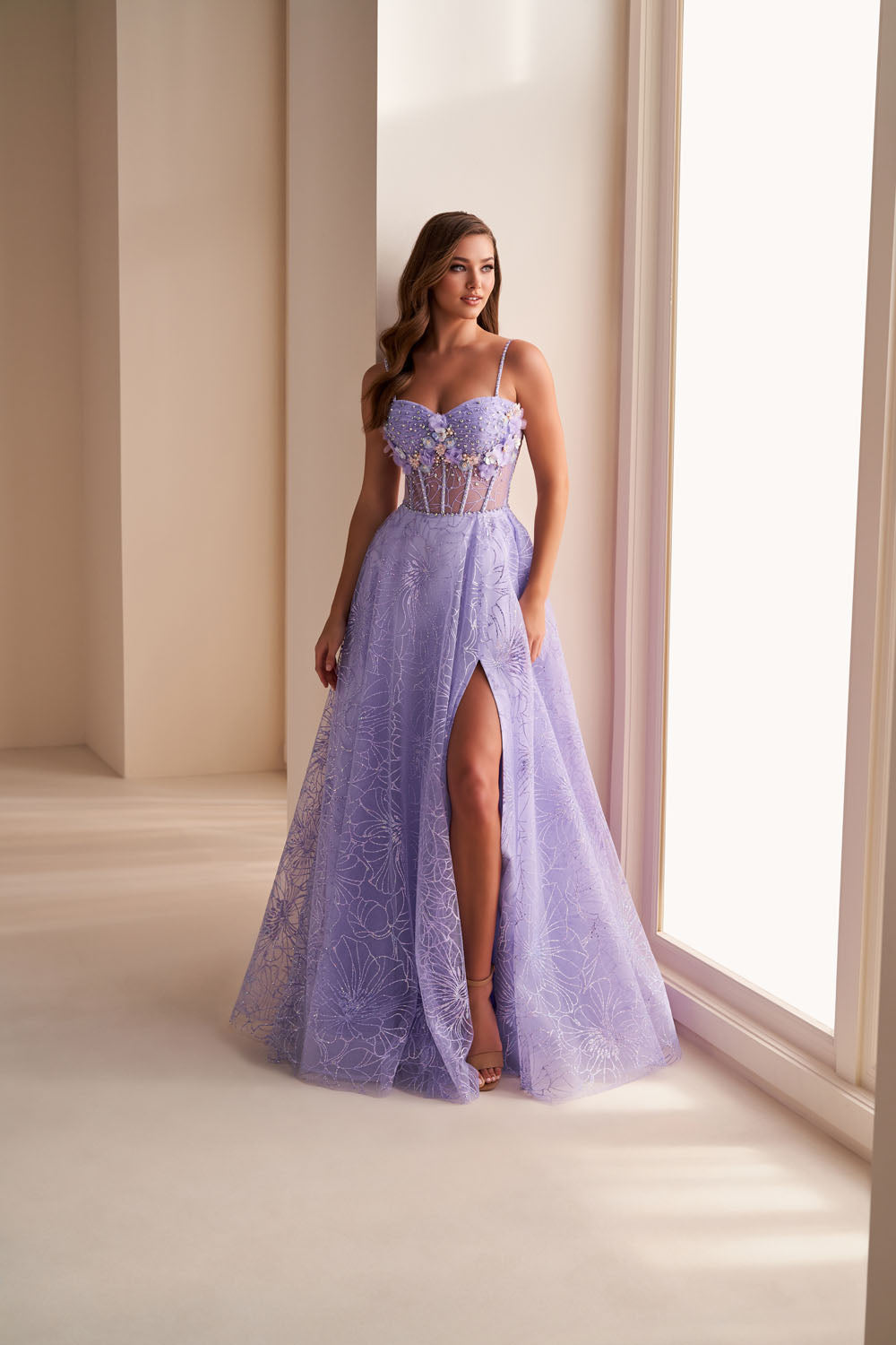 Ellie Wilde EW36218 a-line prom dress images.  Ellie Wilde EW36218 is available in these colors: Sage Multi, Lilac Multi, Slate Multi.