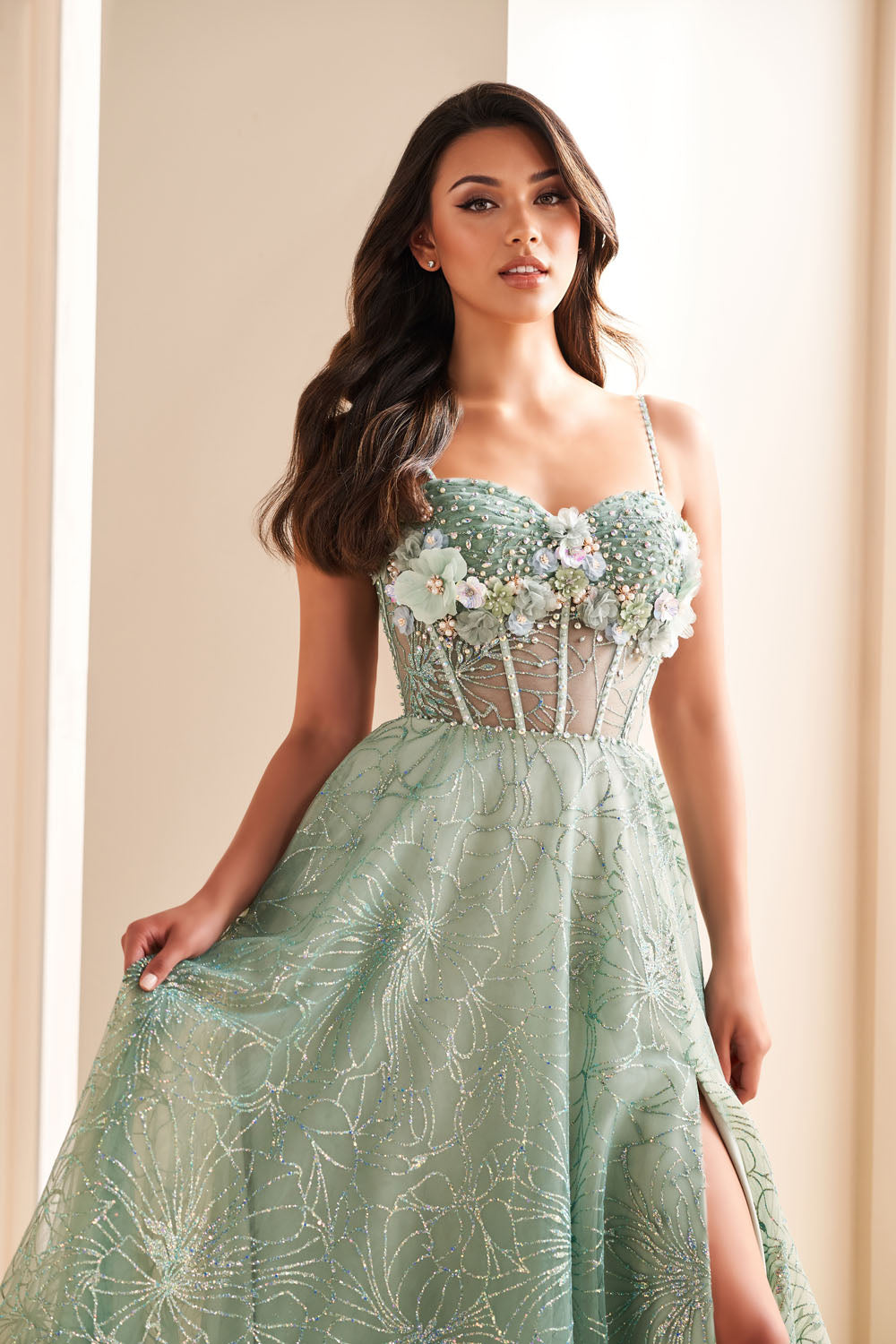 Ellie Wilde EW36218 a-line prom dress images.  Ellie Wilde EW36218 is available in these colors: Sage Multi, Lilac Multi, Slate Multi.