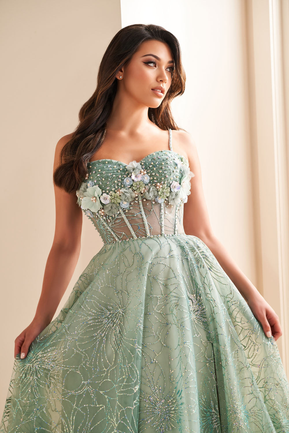 Ellie Wilde EW36218 a-line prom dress images.  Ellie Wilde EW36218 is available in these colors: Sage Multi, Lilac Multi, Slate Multi.