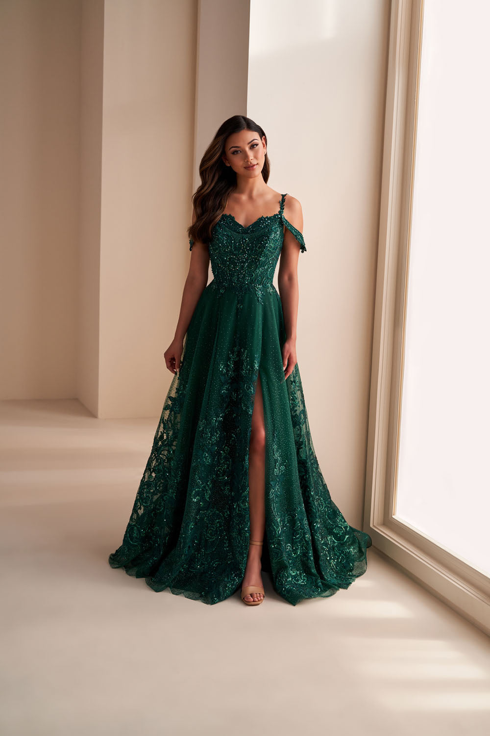 Ellie Wilde EW36220 a-line prom dress images.  Ellie Wilde EW36220 is available in these colors: Ivory Gold, Emerald, Slate Gold.