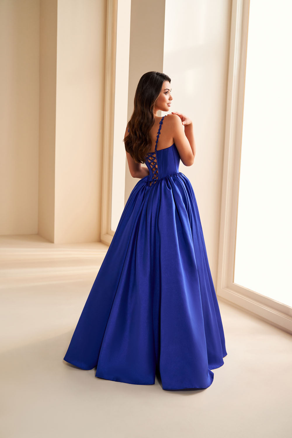 Ellie Wilde EW36221 ball gown prom dress images.  Ellie Wilde EW36221 is available in these colors: Diamond White, Royal Blue, Teal.